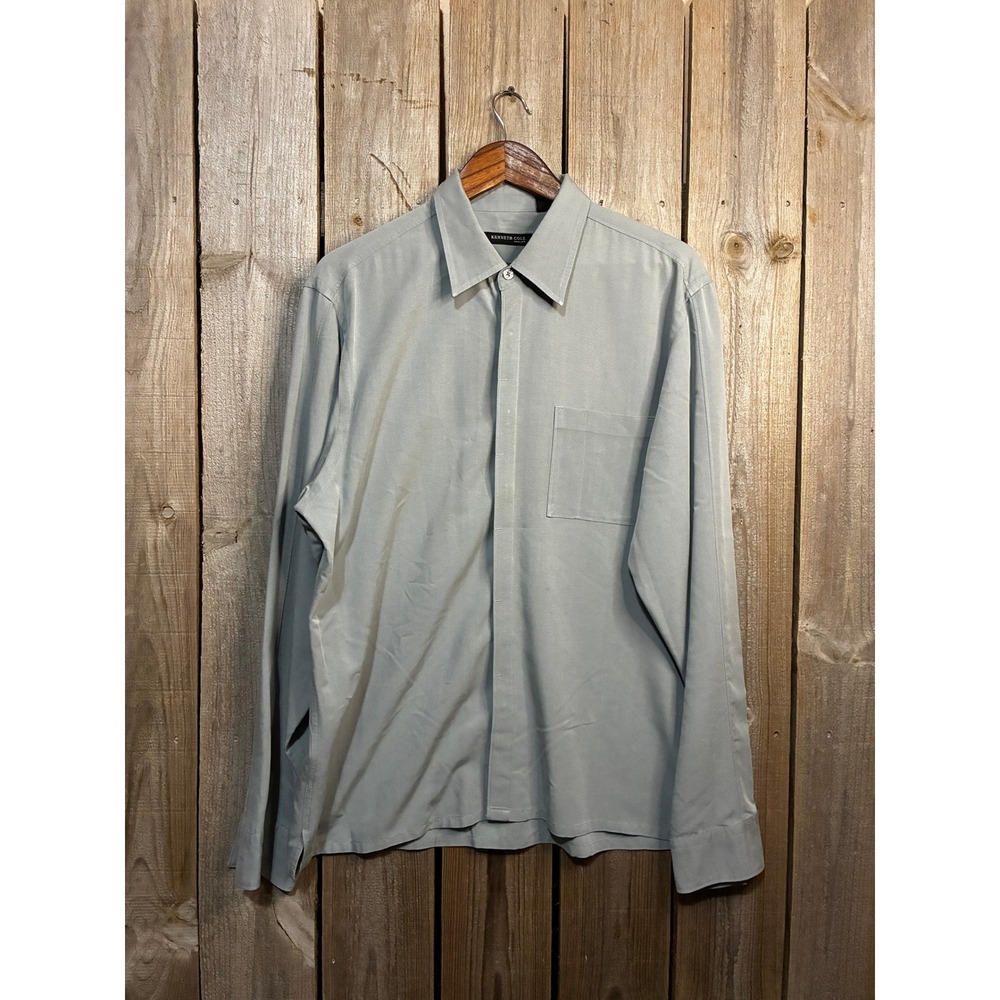 Kenneth Cole New York Mens Large Sage Green Rayon Blend Button Down Shirt 136510